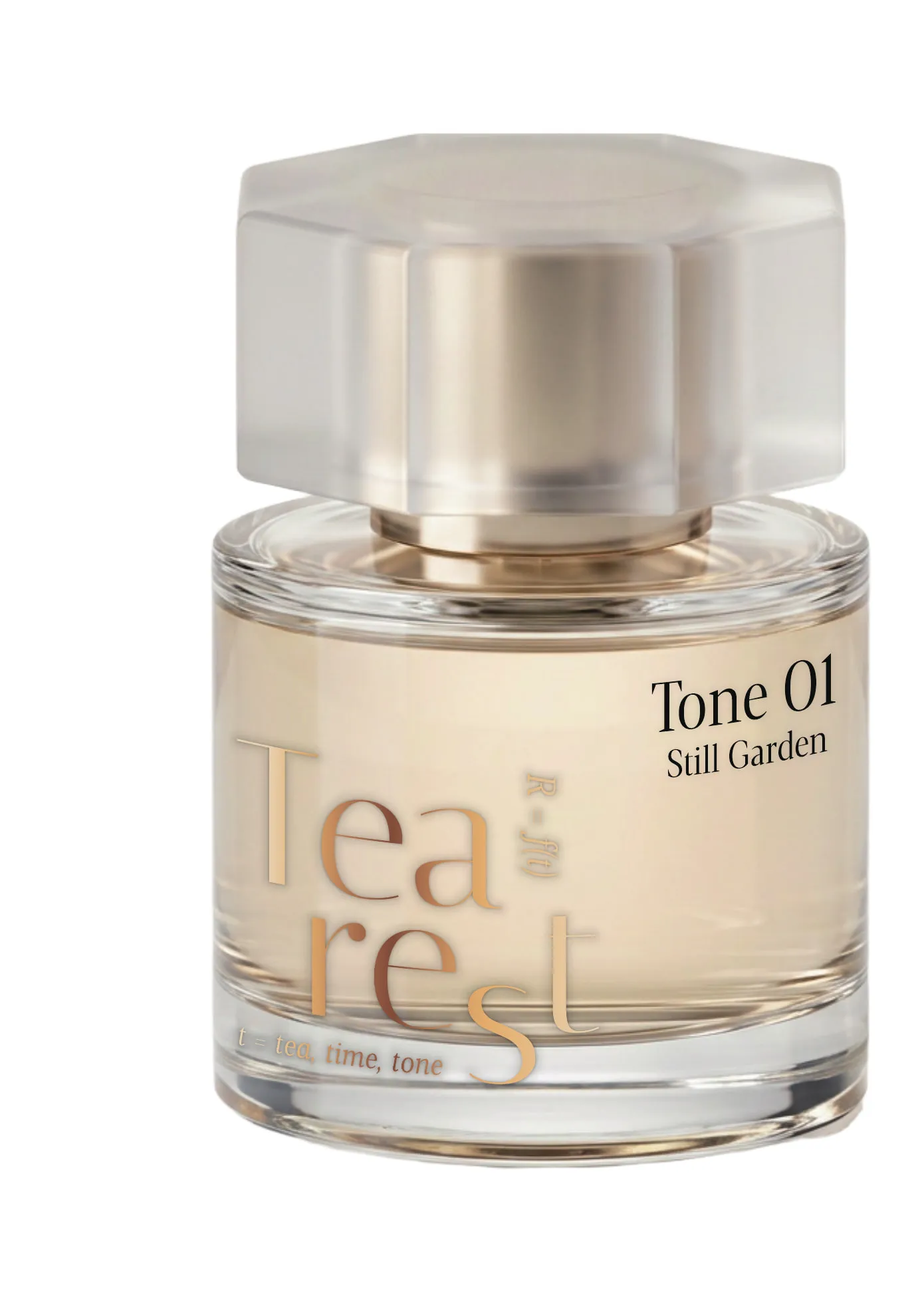 Tone 01 · Still Garden 30 ml 정면 — 투명 유리 보틀과 팔각 아크릴 캡
